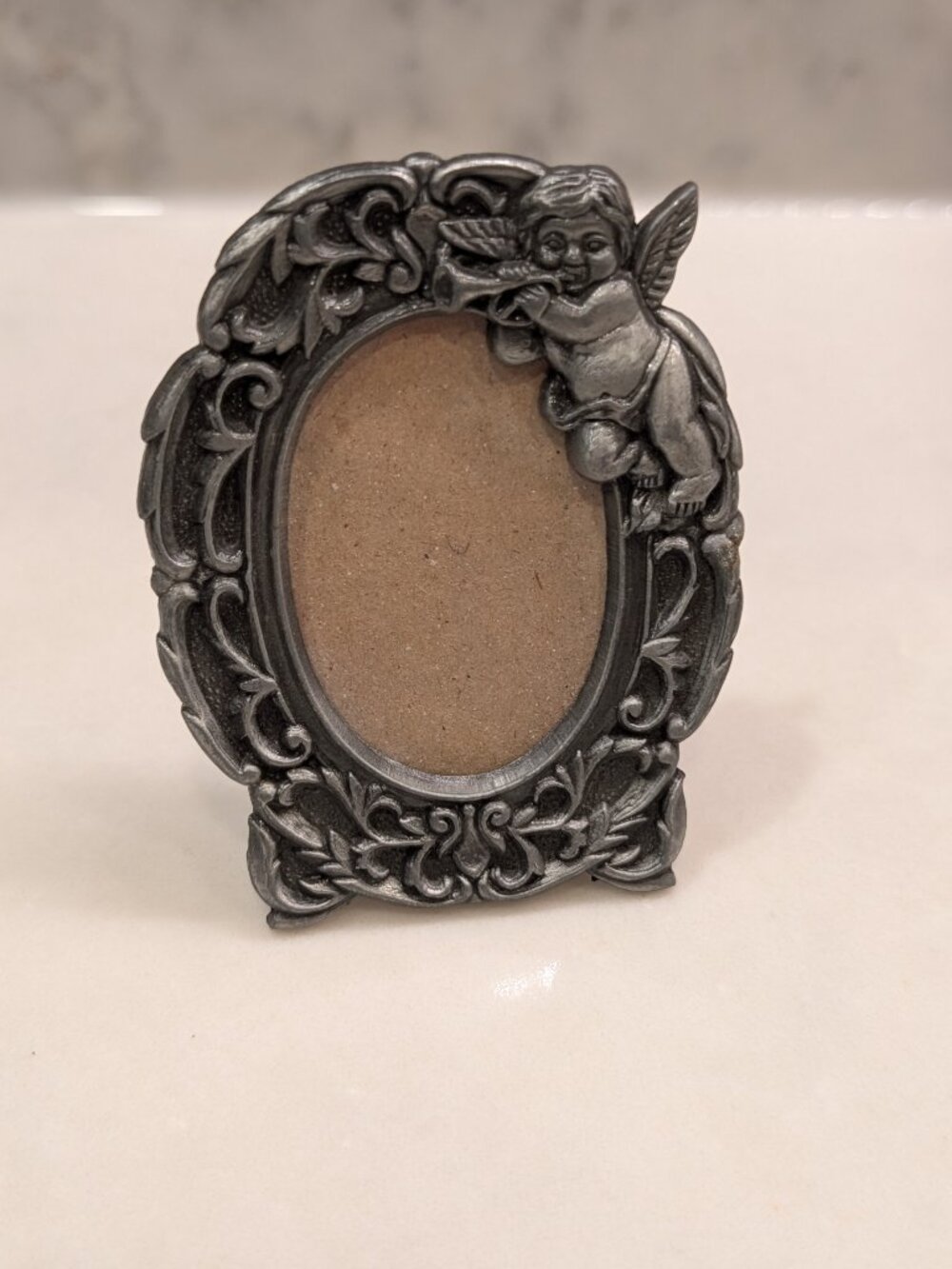 Vintage Pewter Cherub Oval Mini Photo Frame – Ornate Victorian Style
